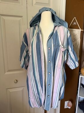 Vintage 100% Cotton Punch Striped Hooded Summer Button-Up / Size M